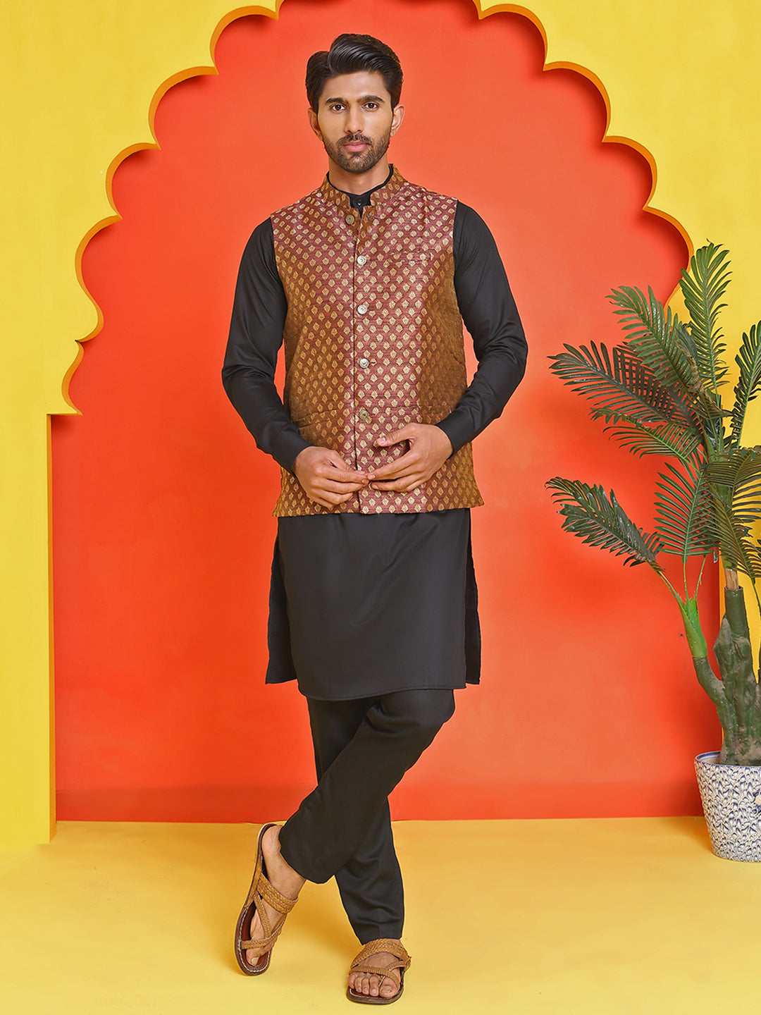 Woven Design Nehru Jacket With Solid Kurta Pyjama for Men ( ANMKPWC 592B 7024Maroon )