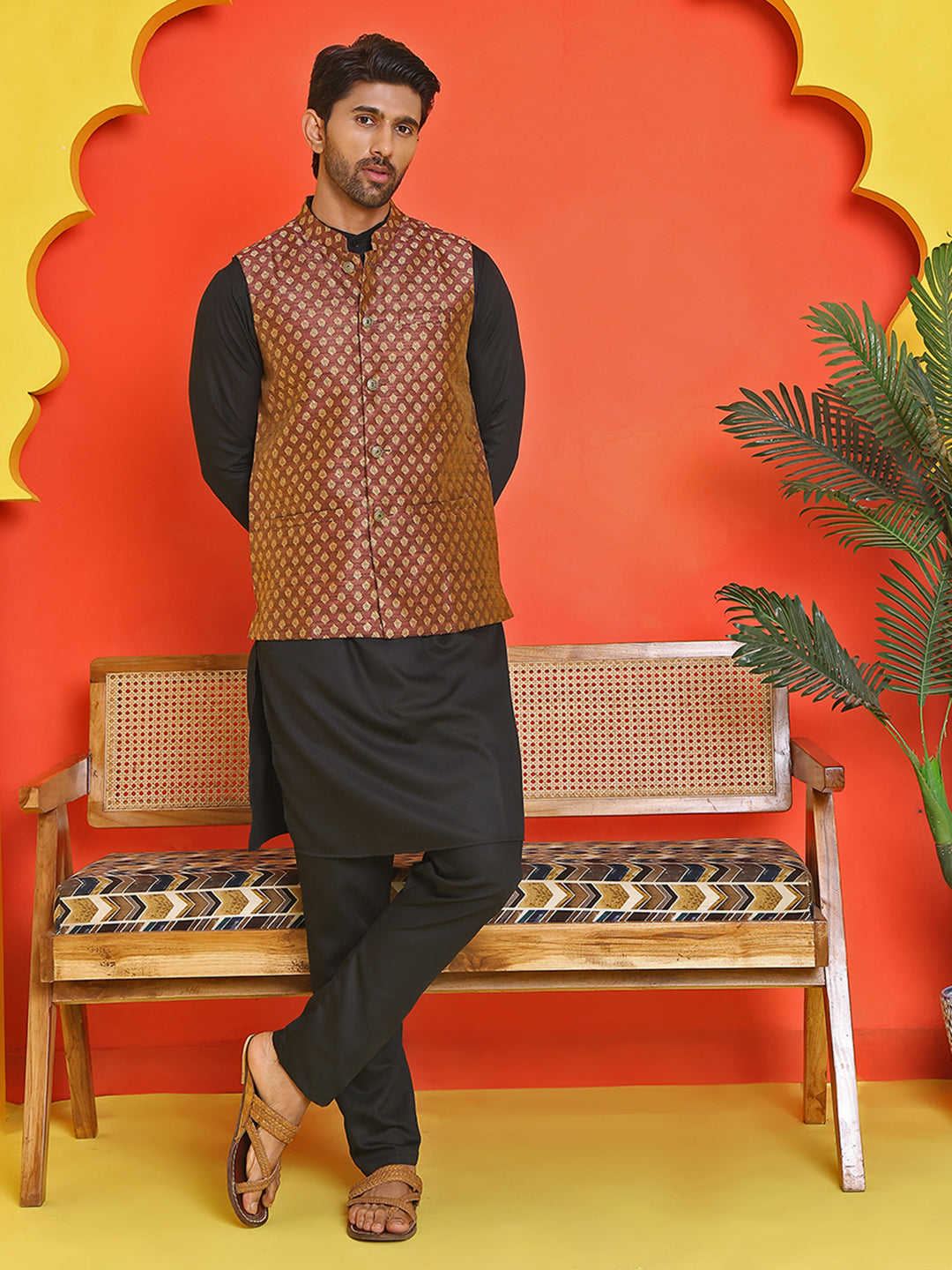 Woven Design Nehru Jacket With Solid Kurta Pyjama for Men ( ANMKPWC 592B 7024Maroon )