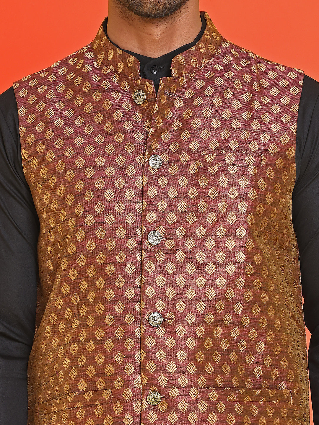 Woven Design Nehru Jacket With Solid Kurta Pyjama for Men ( ANMKPWC 592B 7024Maroon )