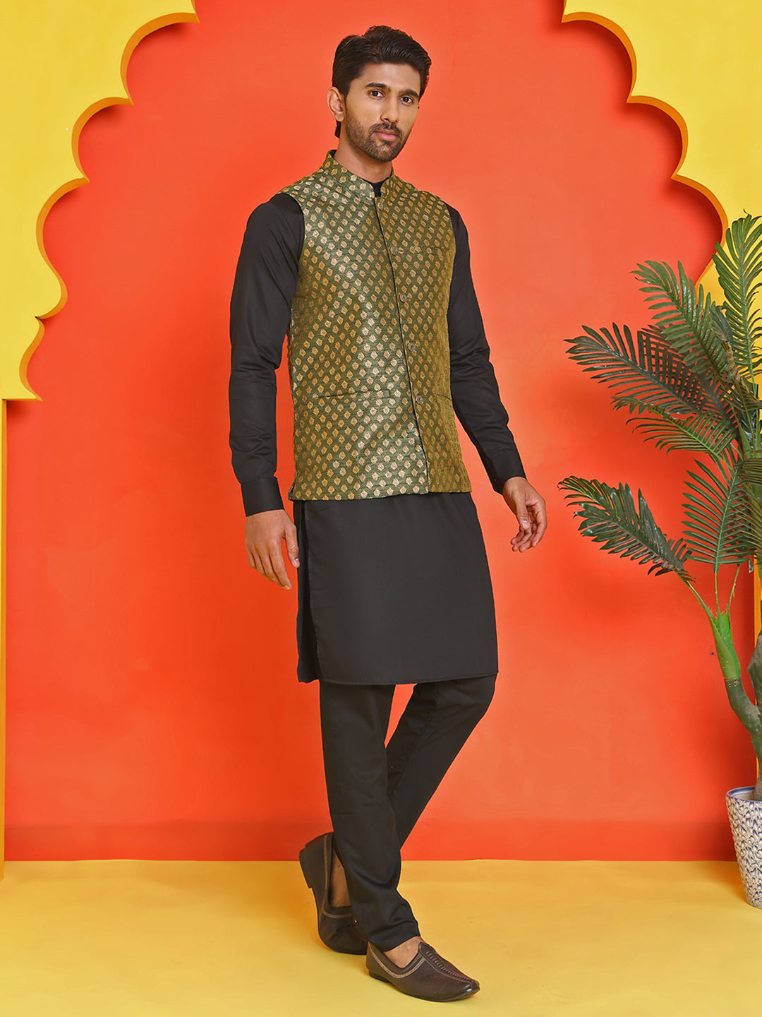 Woven Design Nehru Jacket With Solid Kurta Pyjama for Men ( ANMKPWC 592B 7024Olive )