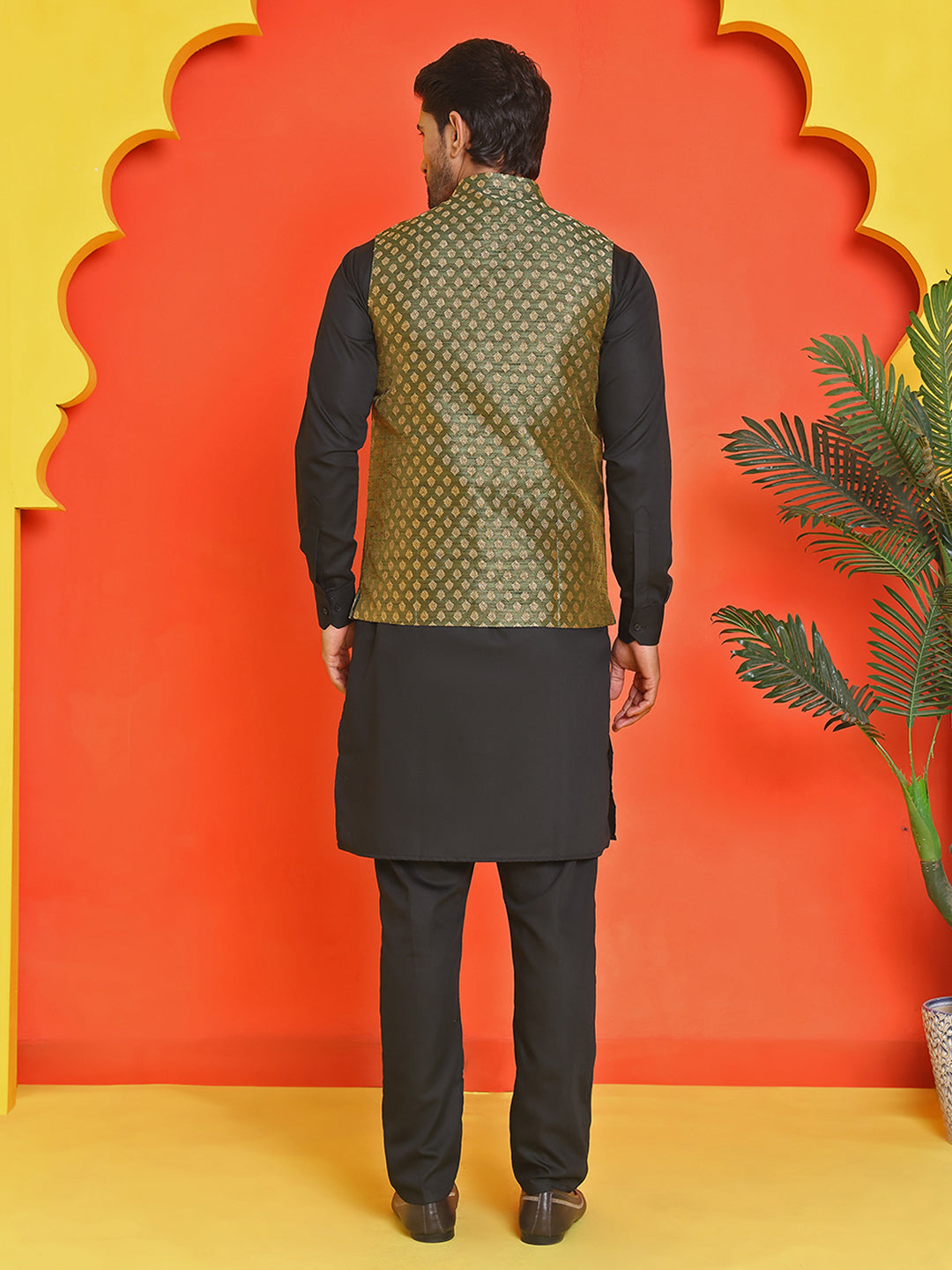 Woven Design Nehru Jacket With Solid Kurta Pyjama for Men ( ANMKPWC 592B 7024Olive )
