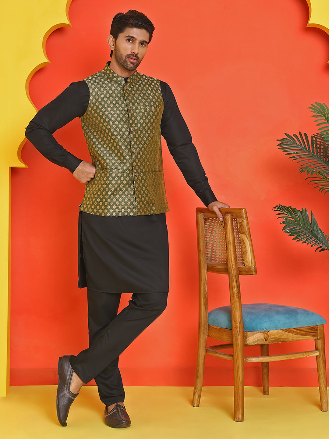Woven Design Nehru Jacket With Solid Kurta Pyjama for Men ( ANMKPWC 592B 7024Olive )