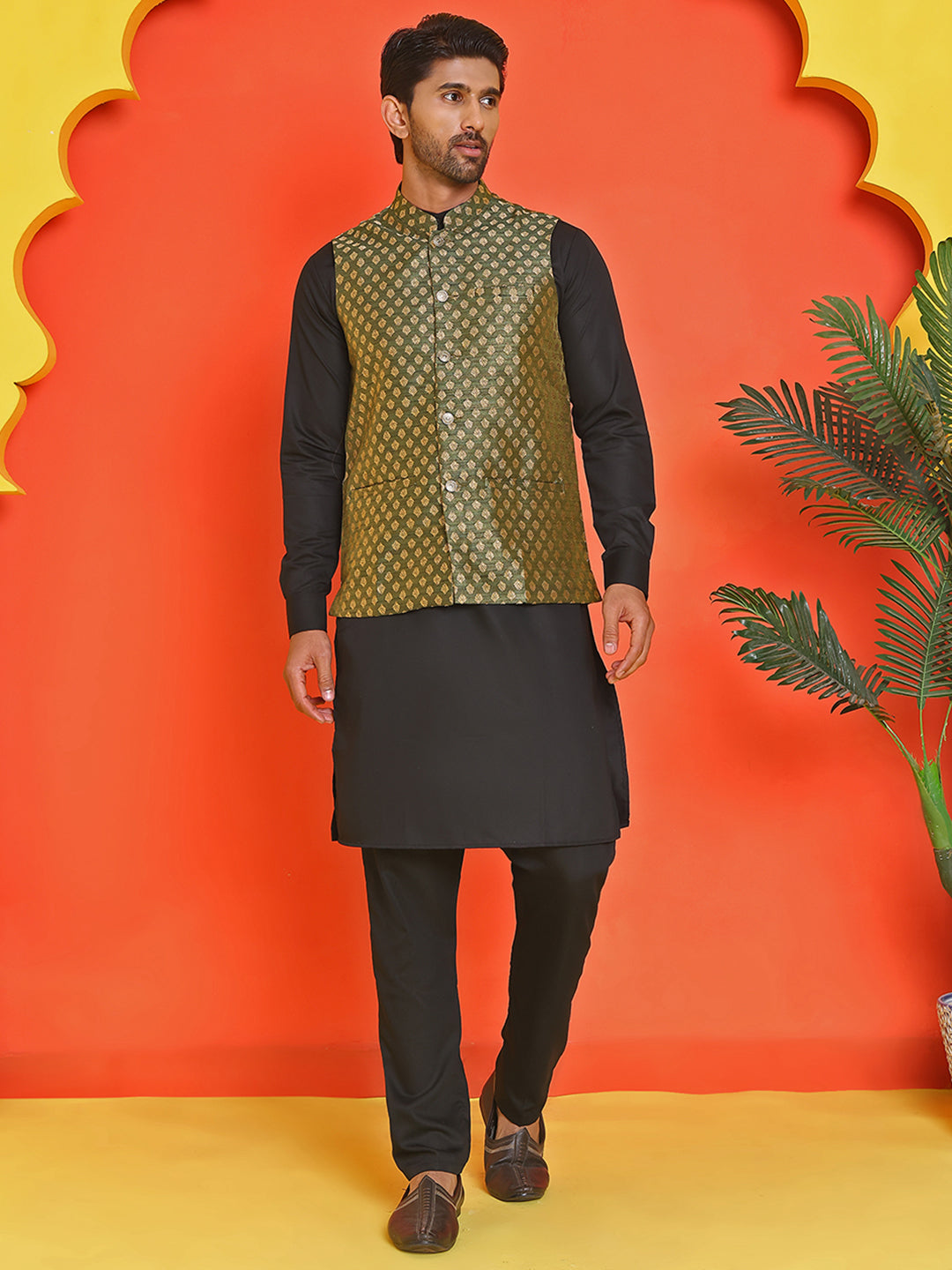 Woven Design Nehru Jacket With Solid Kurta Pyjama for Men ( ANMKPWC 592B 7024Olive )