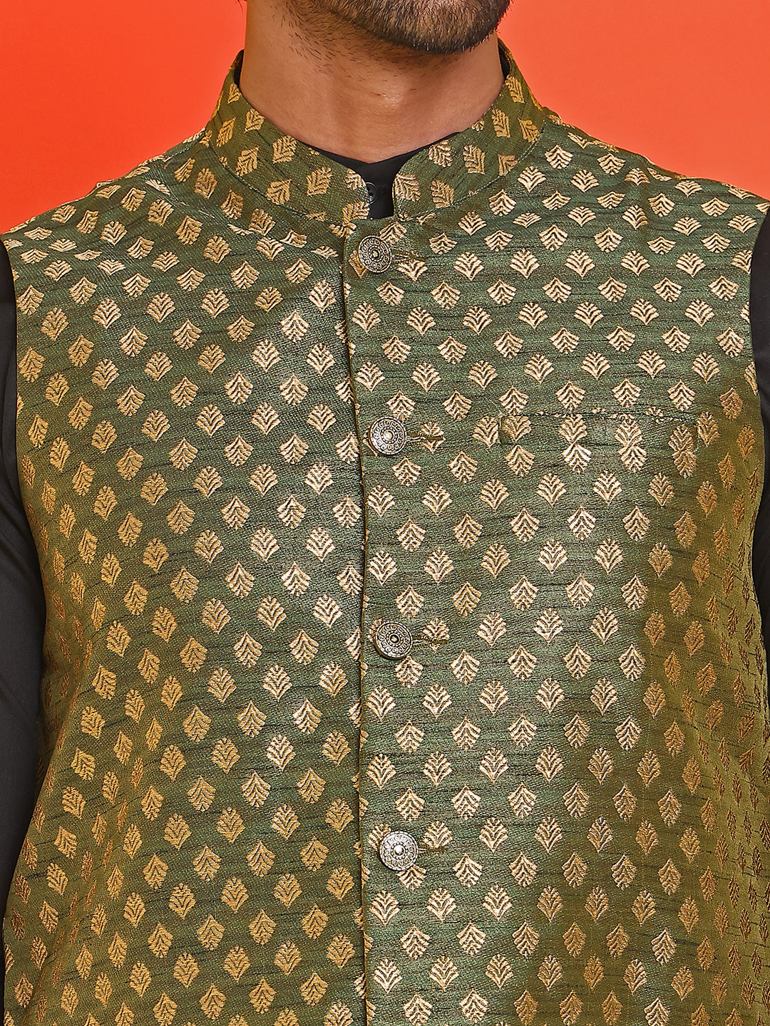 Woven Design Nehru Jacket With Solid Kurta Pyjama for Men ( ANMKPWC 592B 7024Olive )