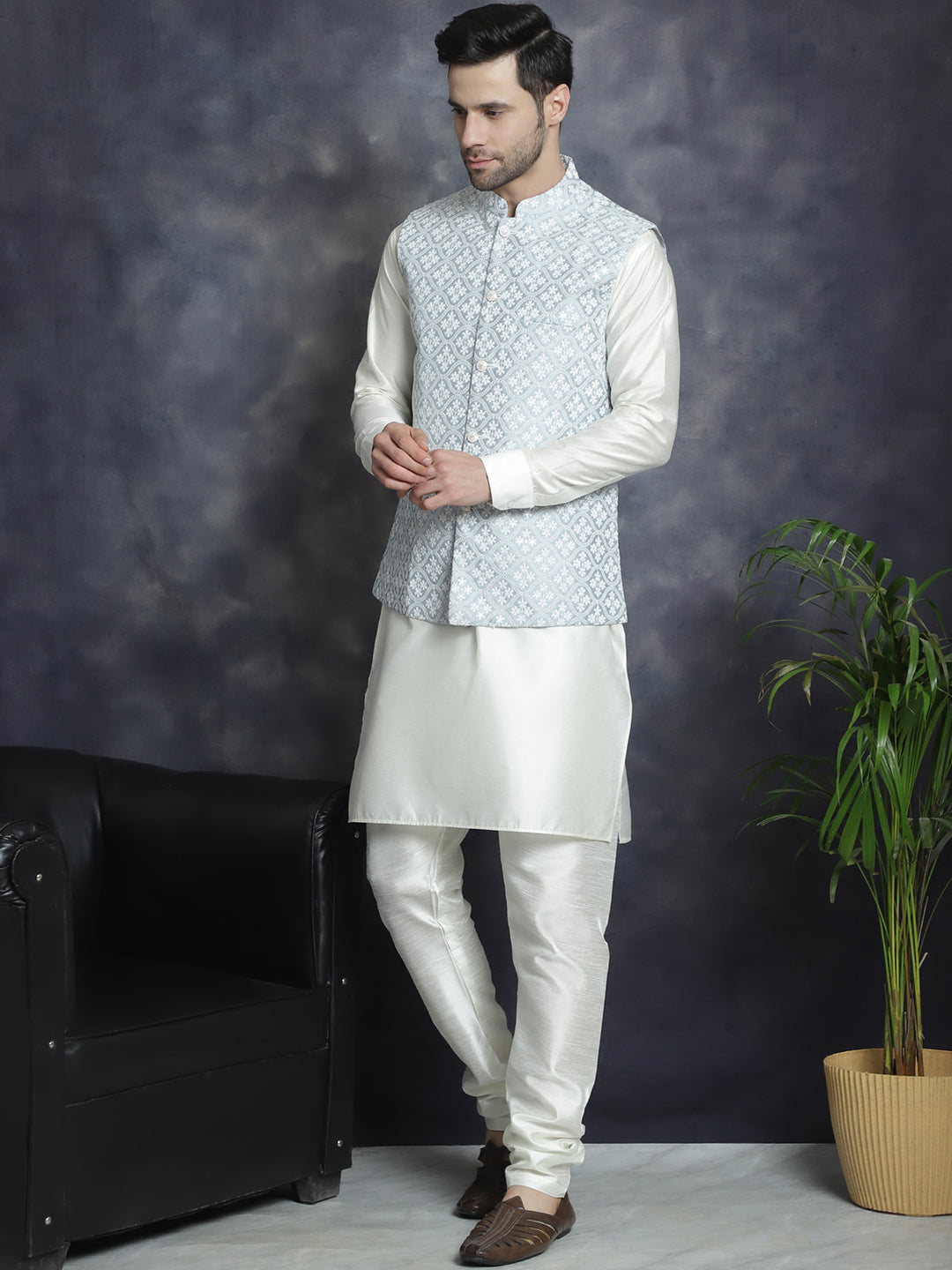 Embroidered and Sequin Nehru Jacket With Solid Kurta Pyjama ( ANMKPWC 592W 7005Grey )