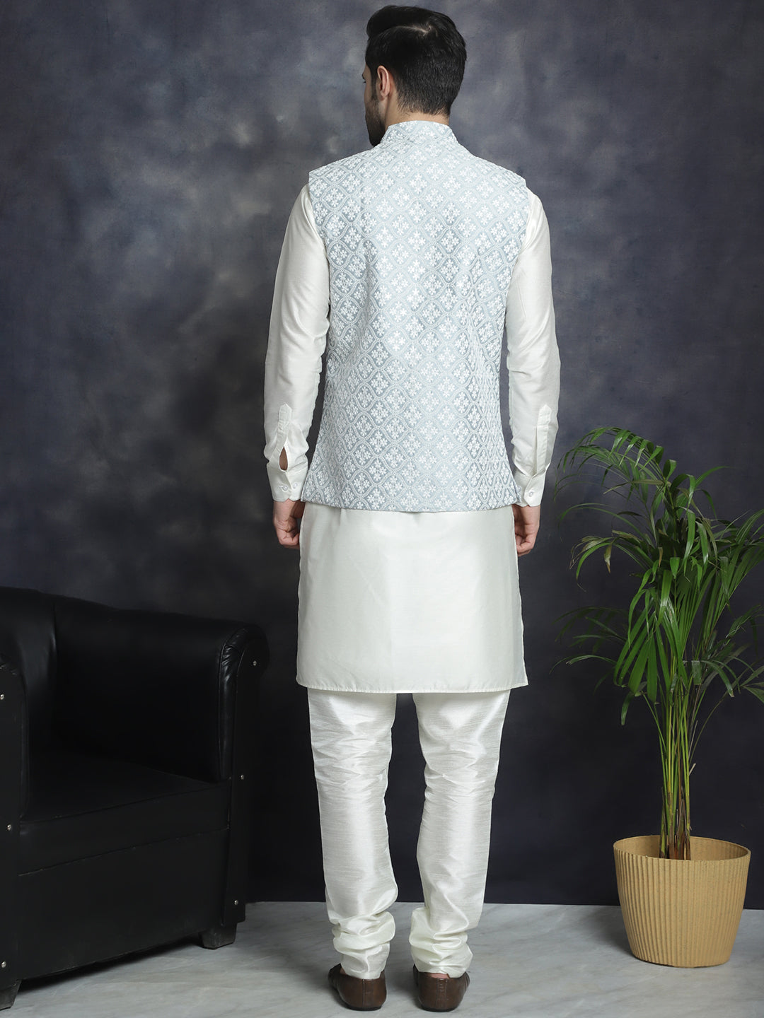 Embroidered and Sequin Nehru Jacket With Solid Kurta Pyjama ( ANMKPWC 592W 7005Grey )