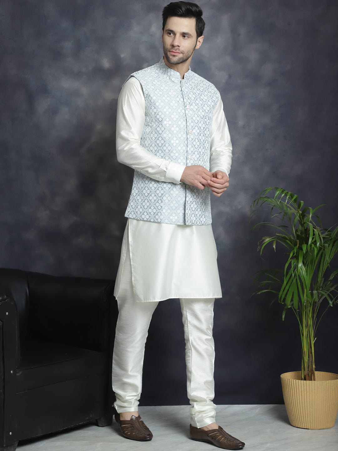 Embroidered and Sequin Nehru Jacket With Solid Kurta Pyjama ( ANMKPWC 592W 7005Grey )