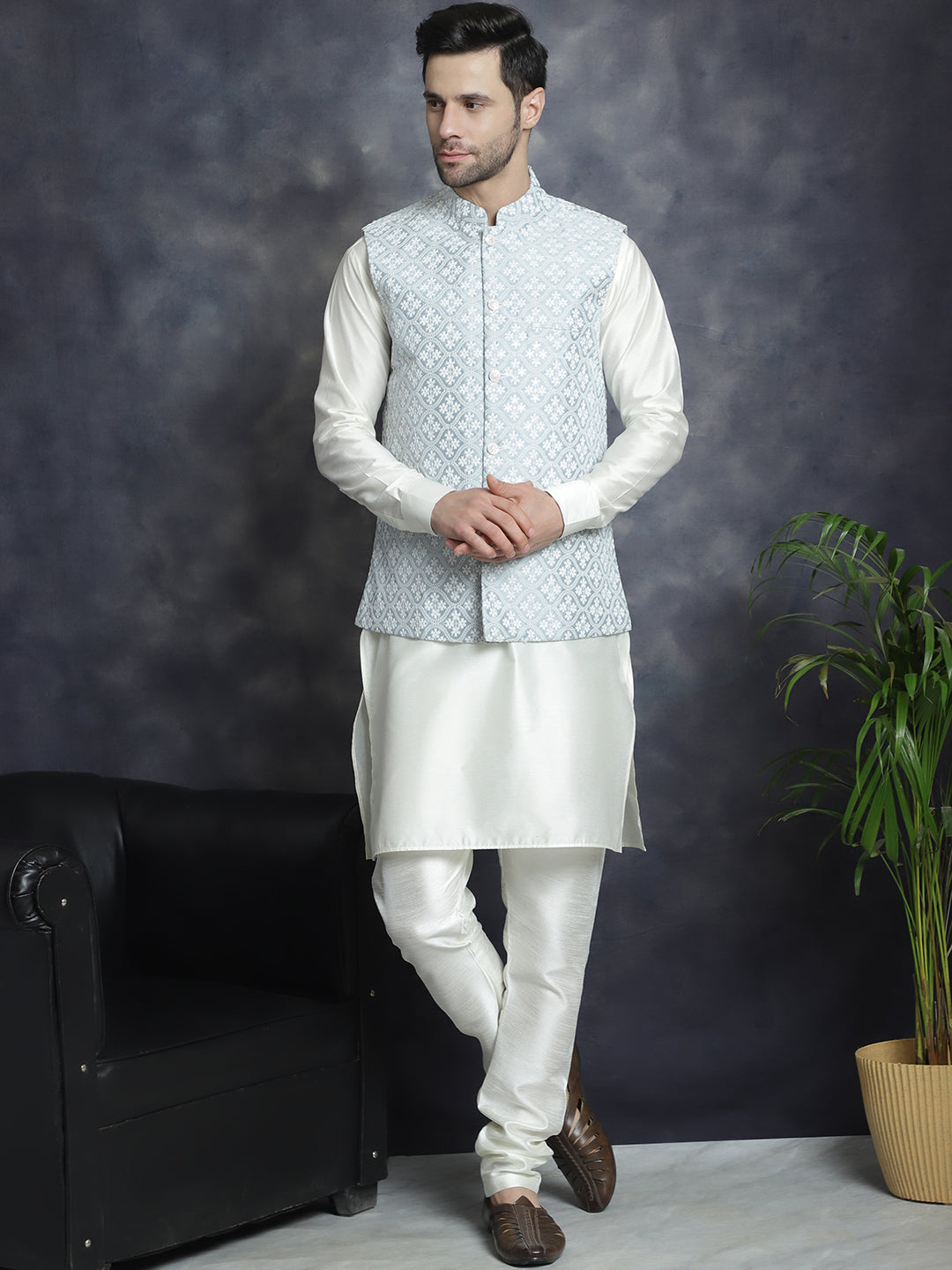 Embroidered and Sequin Nehru Jacket With Solid Kurta Pyjama ( ANMKPWC 592W 7005Grey )