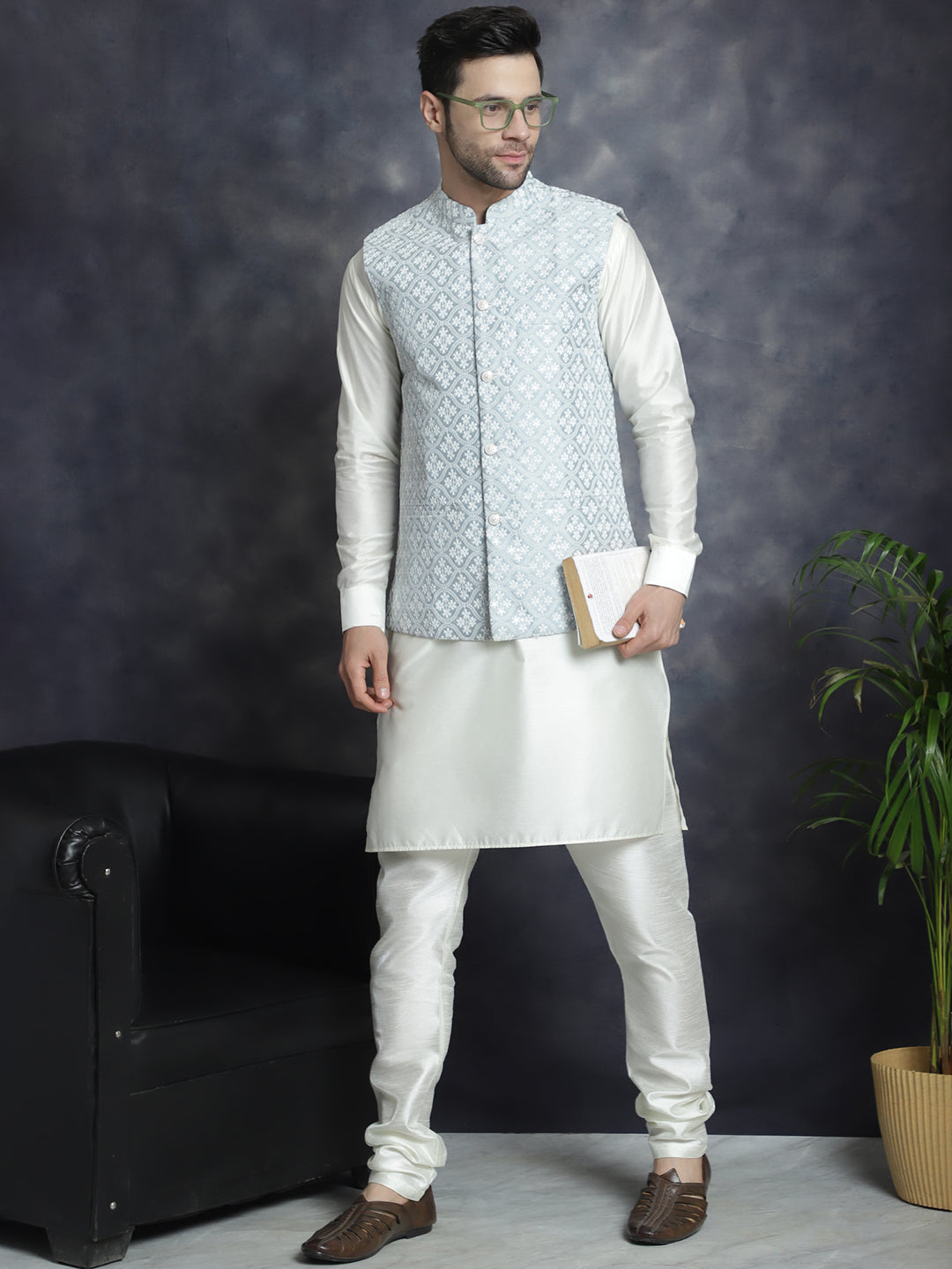 Embroidered and Sequin Nehru Jacket With Solid Kurta Pyjama ( ANMKPWC 592W 7005Grey )