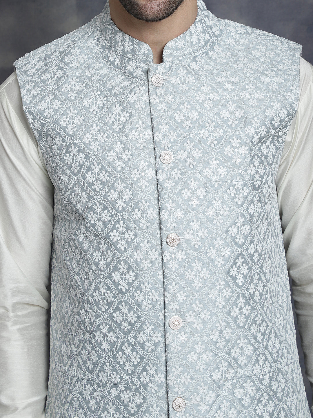 Embroidered and Sequin Nehru Jacket With Solid Kurta Pyjama ( ANMKPWC 592W 7005Grey )