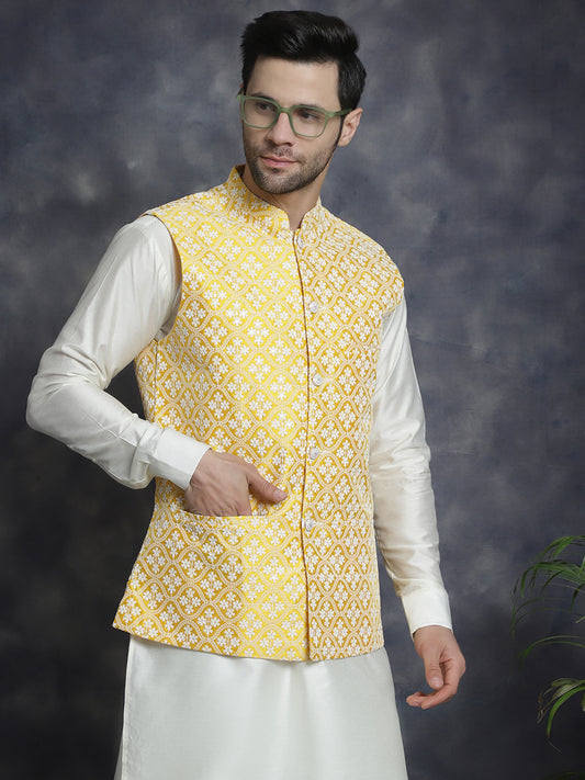 Embroidered and Sequin Nehru Jacket With Solid Kurta Pyjama ( ANMKPWC 592W 7005Mustard )