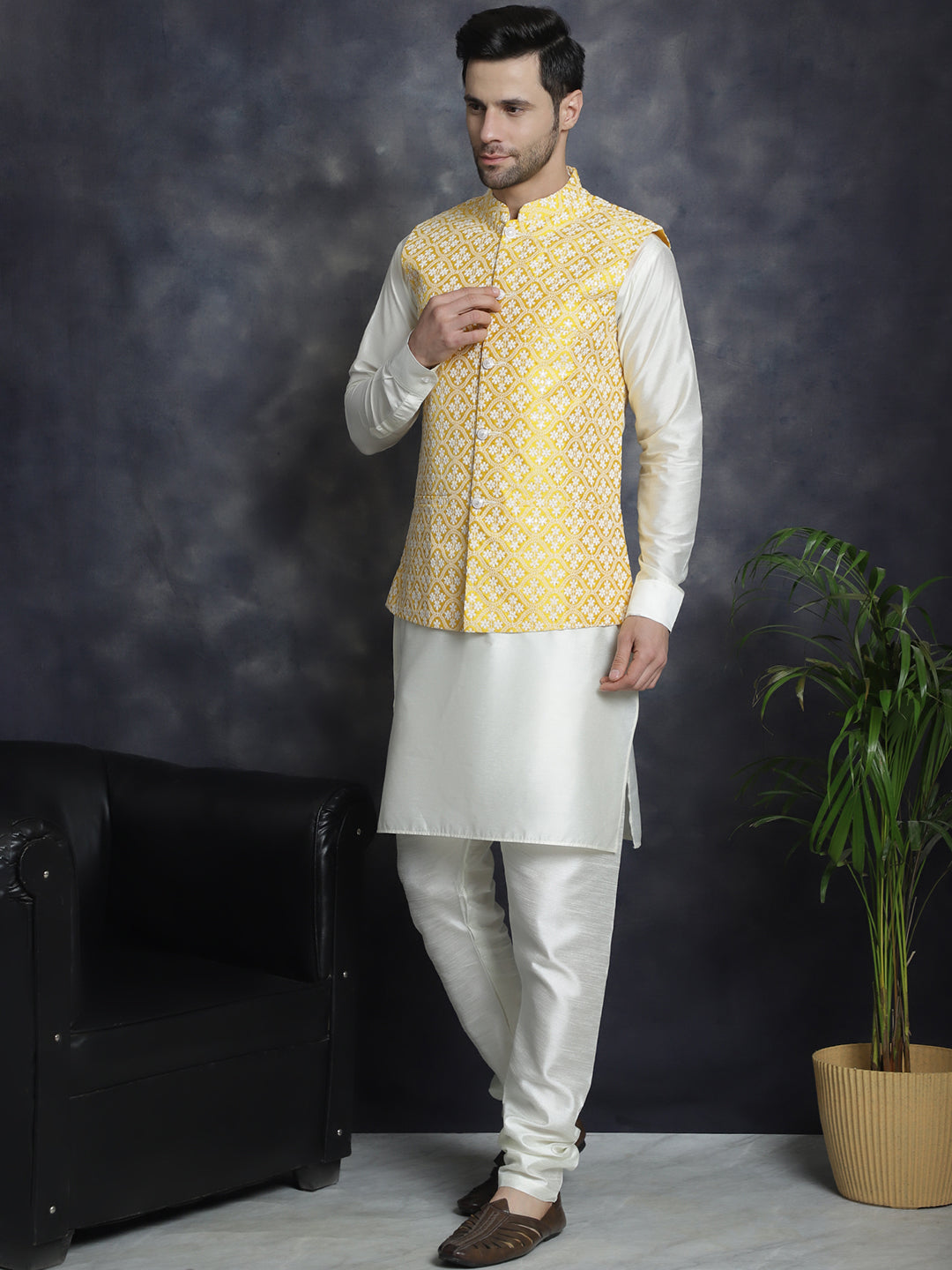 Embroidered and Sequin Nehru Jacket With Solid Kurta Pyjama ( ANMKPWC 592W 7005Mustard )