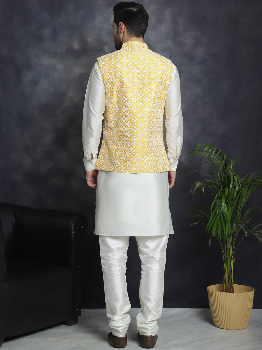 Embroidered and Sequin Nehru Jacket With Solid Kurta Pyjama ( ANMKPWC 592W 7005Mustard )
