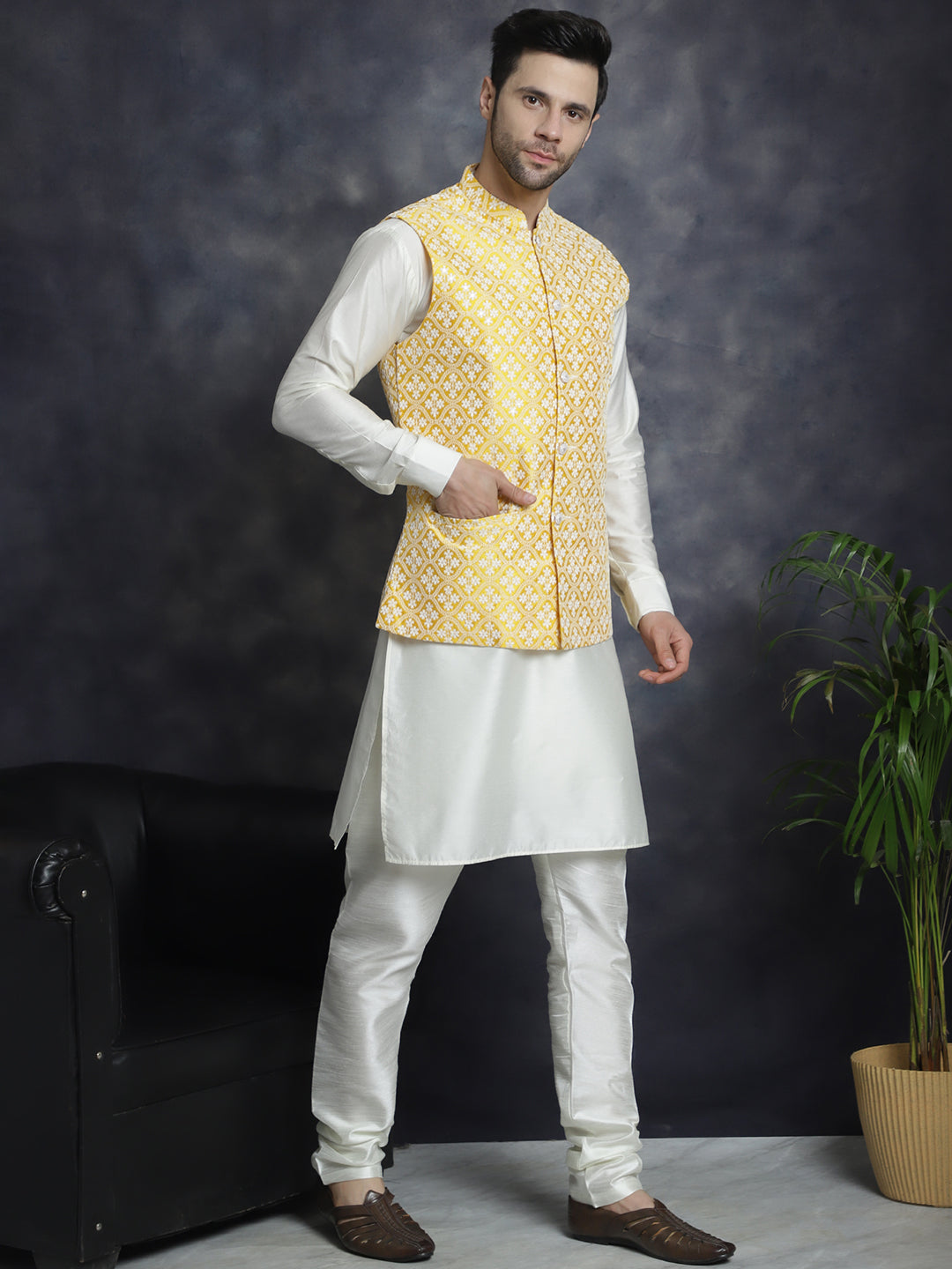 Embroidered and Sequin Nehru Jacket With Solid Kurta Pyjama ( ANMKPWC 592W 7005Mustard )