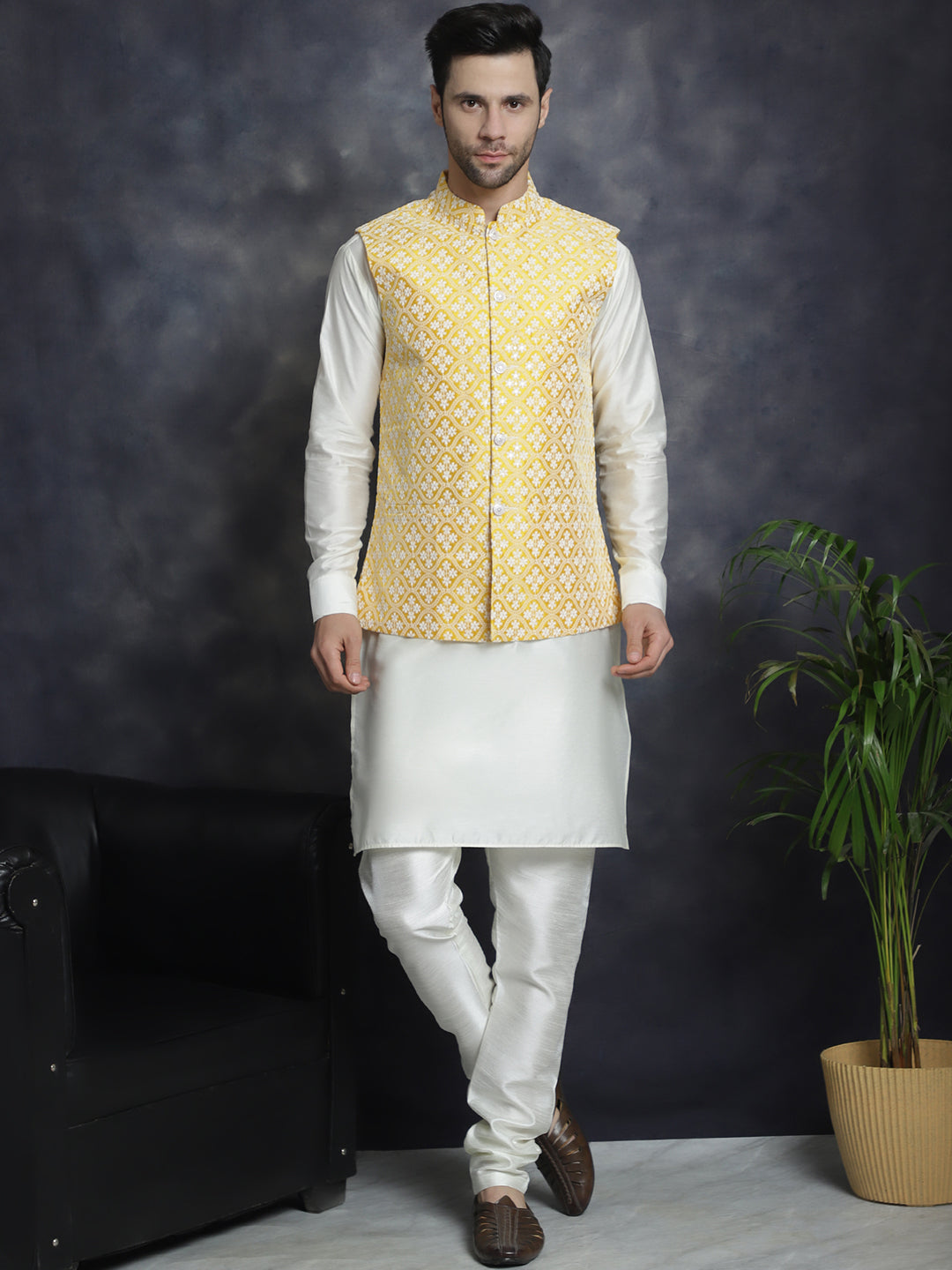 Embroidered and Sequin Nehru Jacket With Solid Kurta Pyjama ( ANMKPWC 592W 7005Mustard )