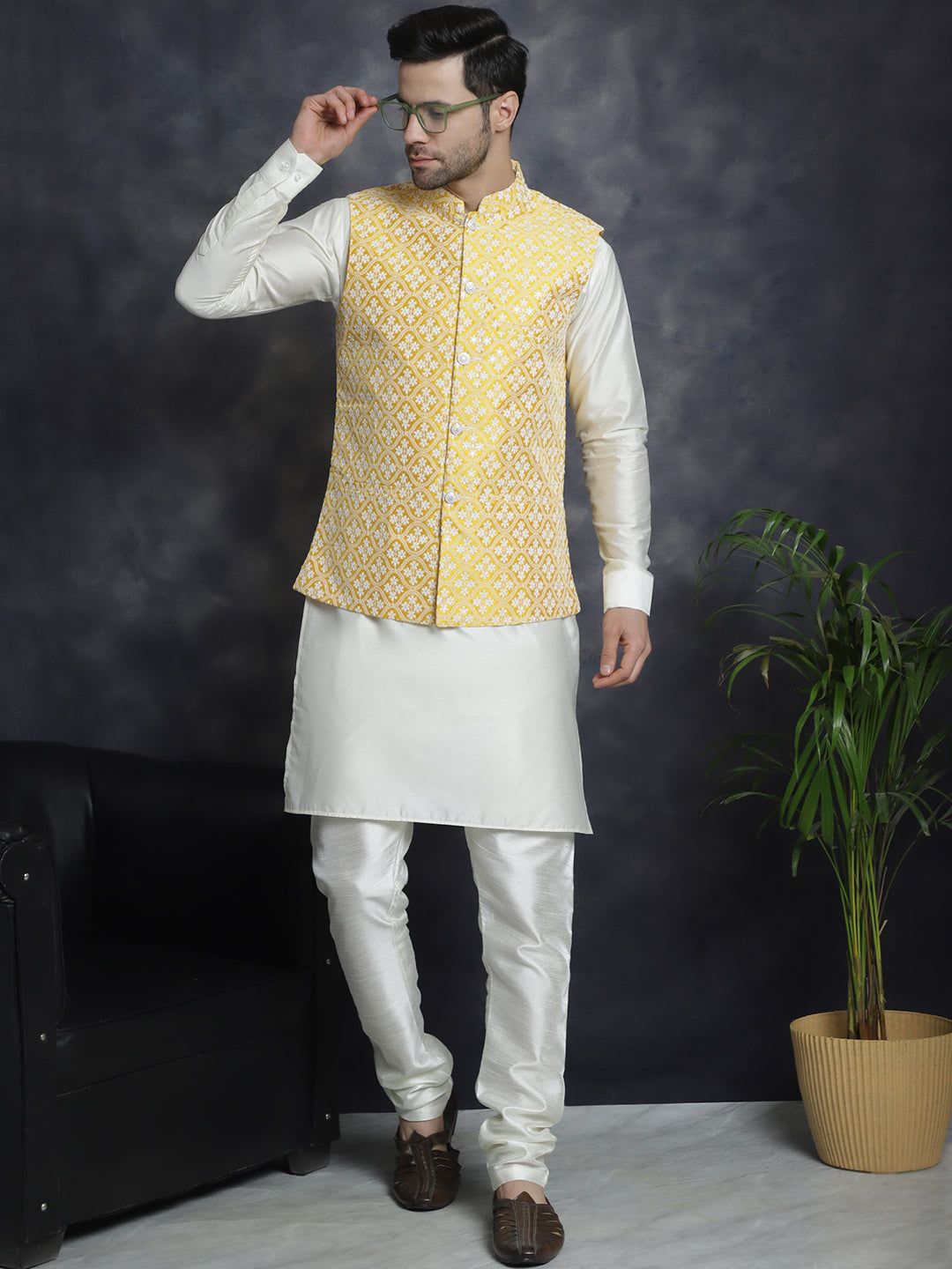 Embroidered and Sequin Nehru Jacket With Solid Kurta Pyjama ( ANMKPWC 592W 7005Mustard )