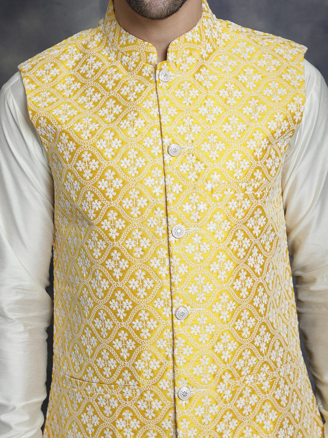 Embroidered and Sequin Nehru Jacket With Solid Kurta Pyjama ( ANMKPWC 592W 7005Mustard )