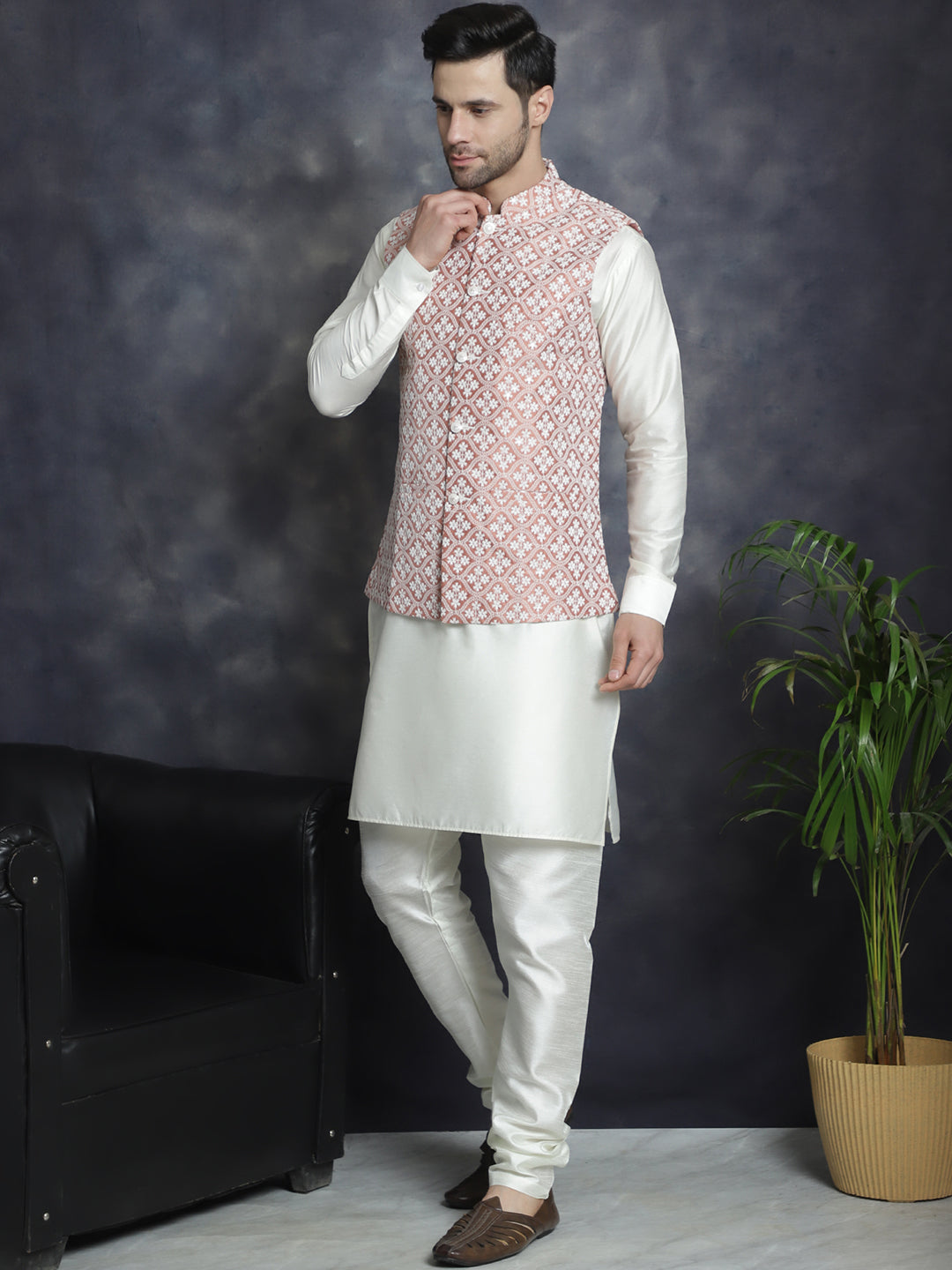 Embroidered and Sequin Nehru Jacket With Solid Kurta Pyjama ( ANMKPWC 592W 7005Peach )
