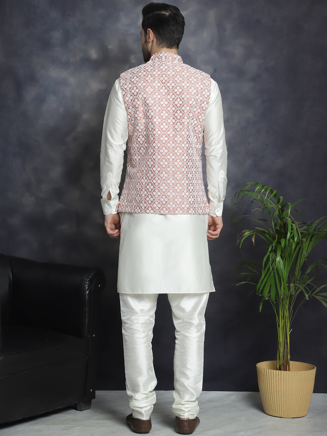 Embroidered and Sequin Nehru Jacket With Solid Kurta Pyjama ( ANMKPWC 592W 7005Peach )