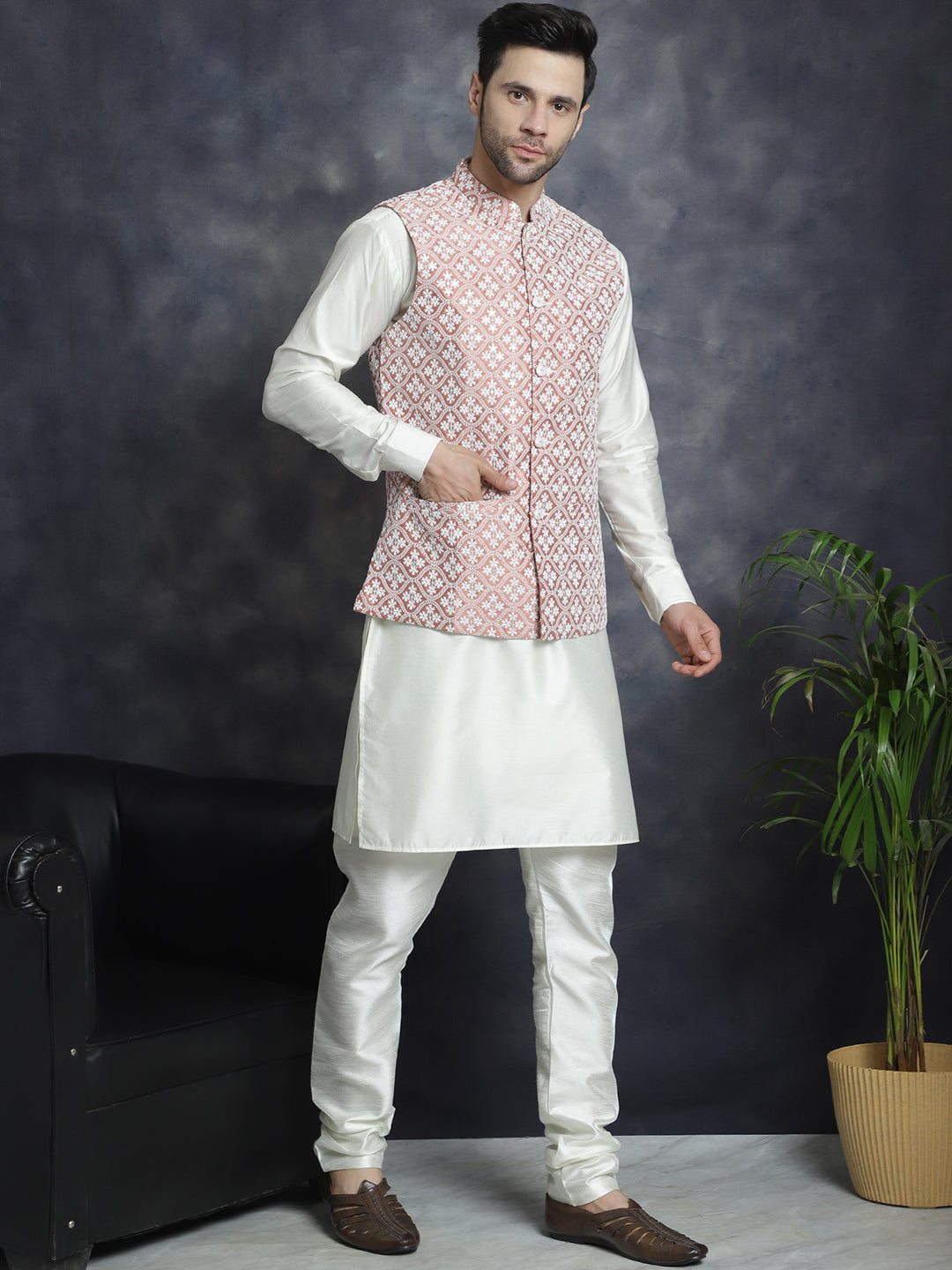 Embroidered and Sequin Nehru Jacket With Solid Kurta Pyjama ( ANMKPWC 592W 7005Peach )