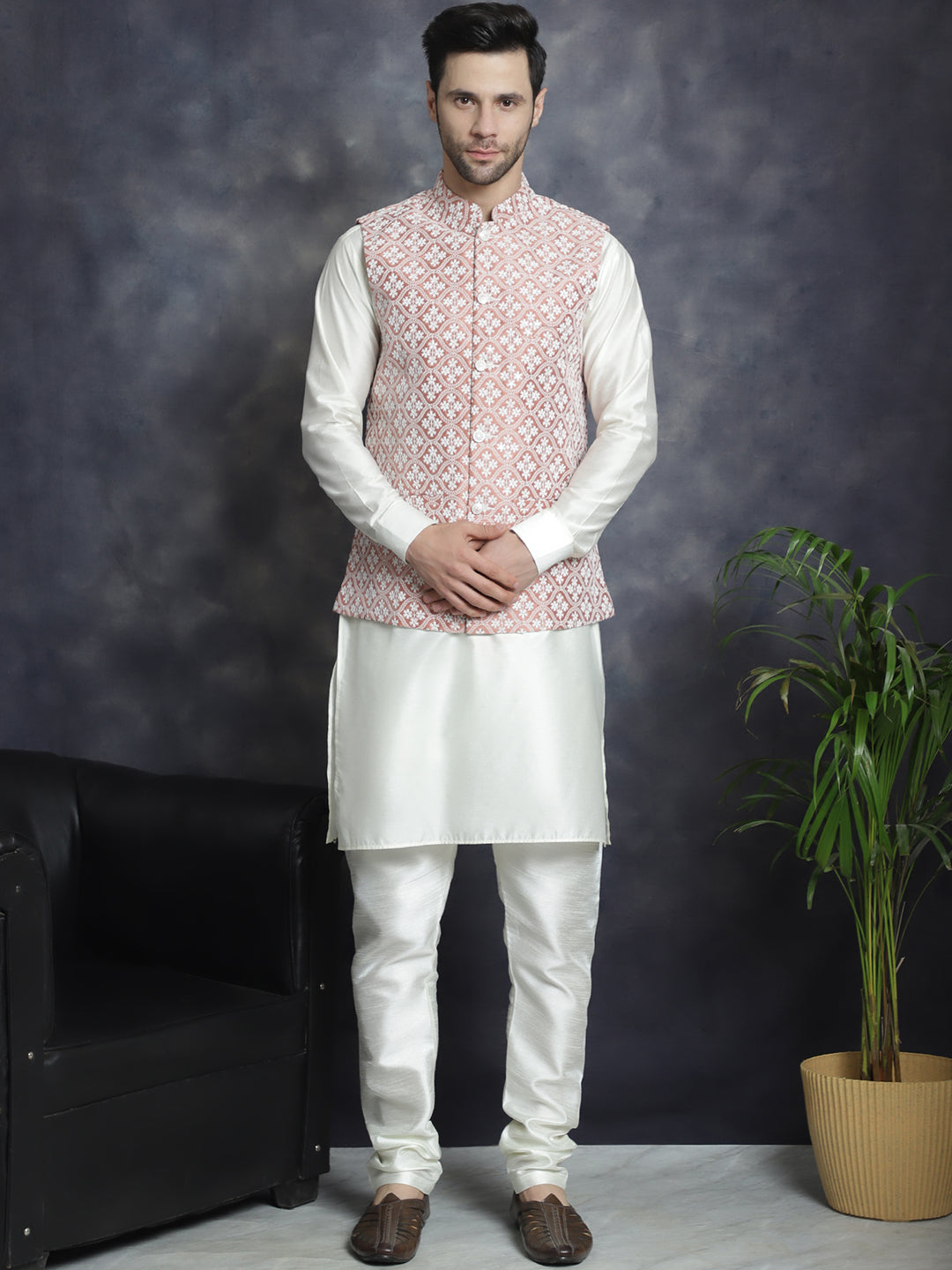 Embroidered and Sequin Nehru Jacket With Solid Kurta Pyjama ( ANMKPWC 592W 7005Peach )