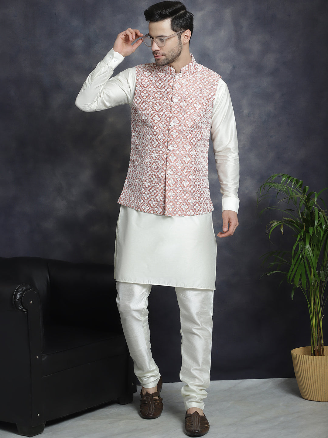 Embroidered and Sequin Nehru Jacket With Solid Kurta Pyjama ( ANMKPWC 592W 7005Peach )
