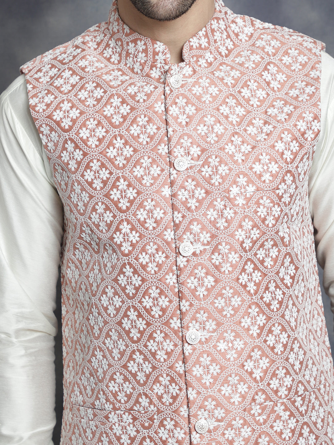 Embroidered and Sequin Nehru Jacket With Solid Kurta Pyjama ( ANMKPWC 592W 7005Peach )
