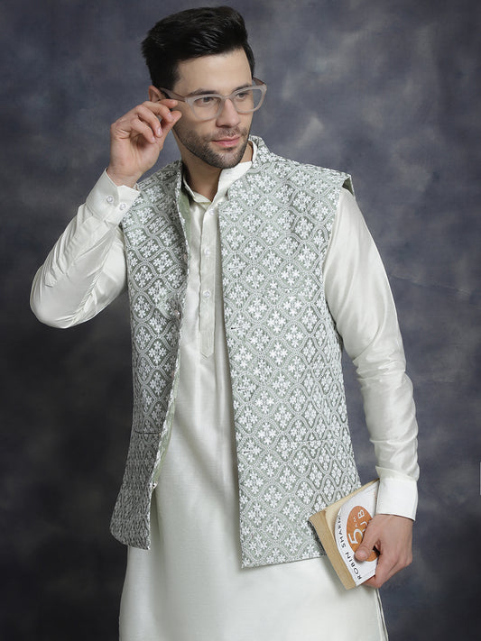 Embroidered and Sequin Nehru Jacket With Solid Kurta Pyjama ( ANMKPWC 592W 7005Pista )