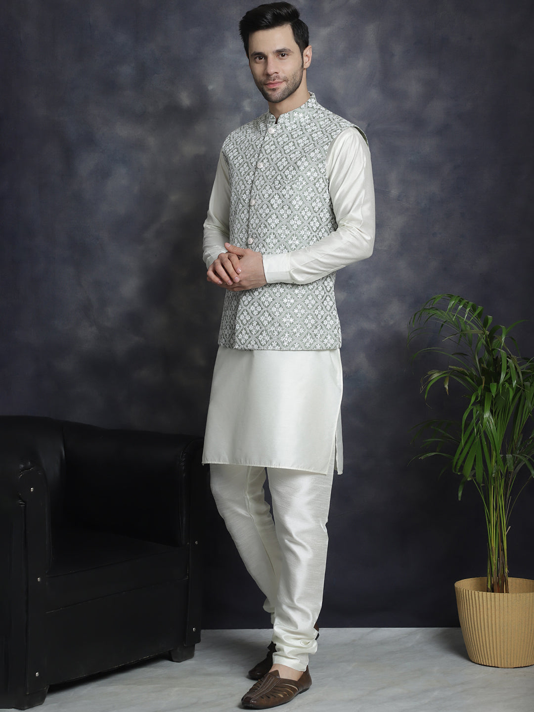 Embroidered and Sequin Nehru Jacket With Solid Kurta Pyjama ( ANMKPWC 592W 7005Pista )