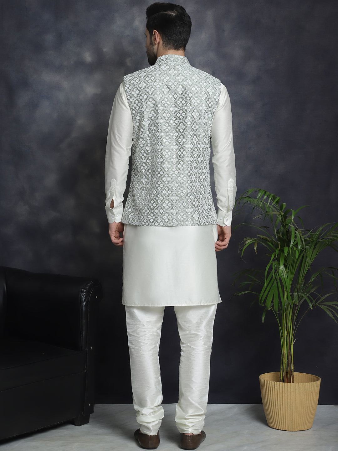 Embroidered and Sequin Nehru Jacket With Solid Kurta Pyjama ( ANMKPWC 592W 7005Pista )