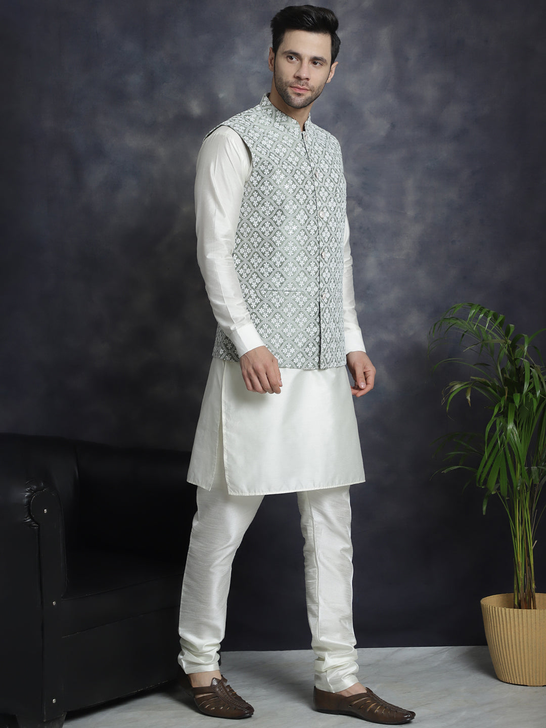 Embroidered and Sequin Nehru Jacket With Solid Kurta Pyjama ( ANMKPWC 592W 7005Pista )