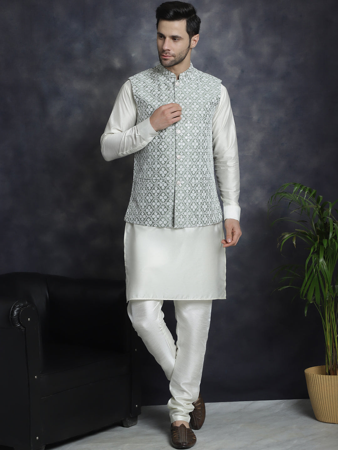 Embroidered and Sequin Nehru Jacket With Solid Kurta Pyjama ( ANMKPWC 592W 7005Pista )