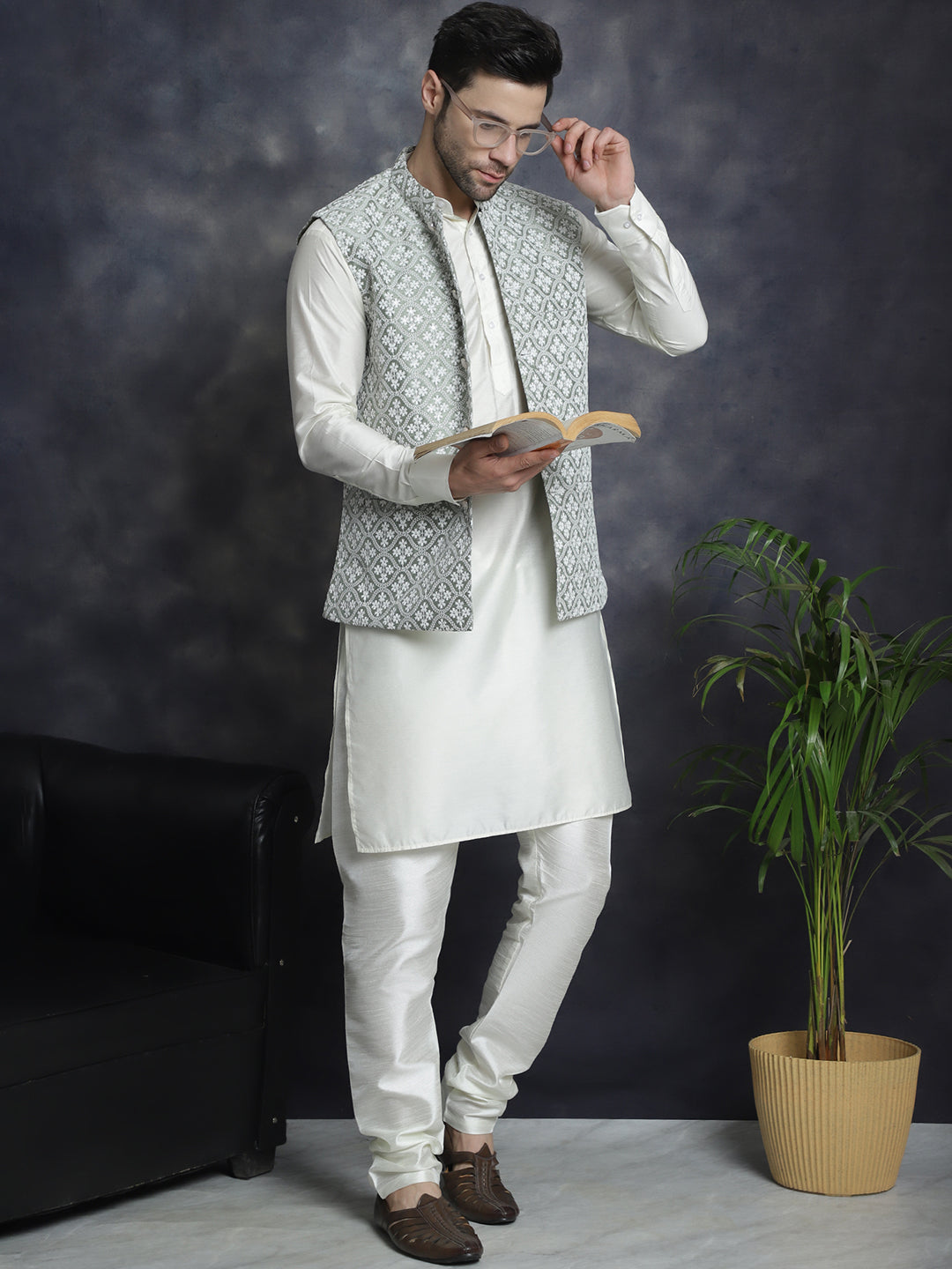 Embroidered and Sequin Nehru Jacket With Solid Kurta Pyjama ( ANMKPWC 592W 7005Pista )