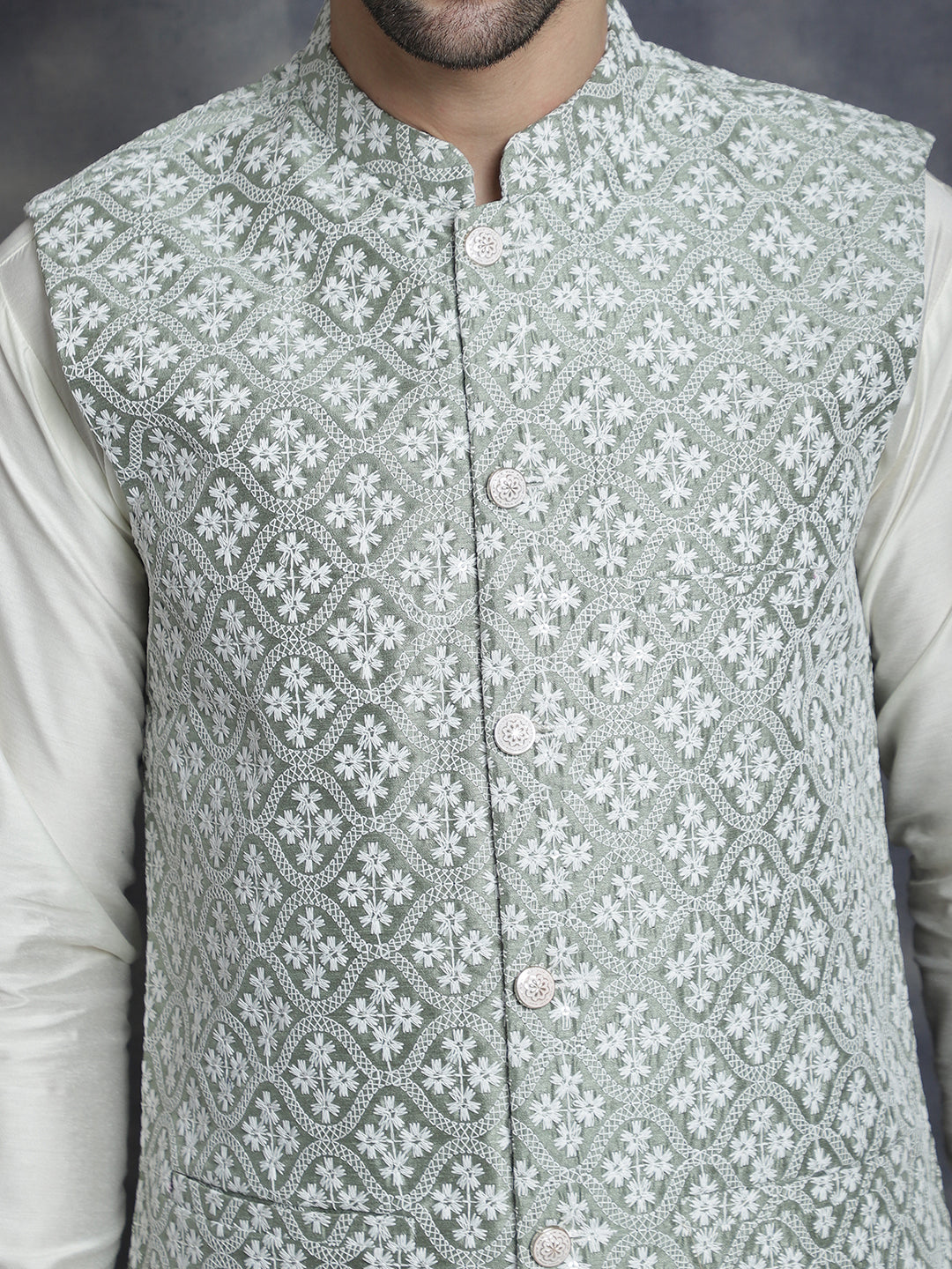 Embroidered and Sequin Nehru Jacket With Solid Kurta Pyjama ( ANMKPWC 592W 7005Pista )