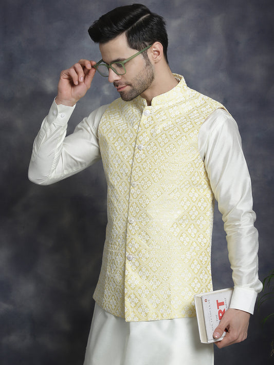Embroidered and Sequin Nehru Jacket With Solid Kurta Pyjama ( ANMKPWC 592W 7005Yellow )