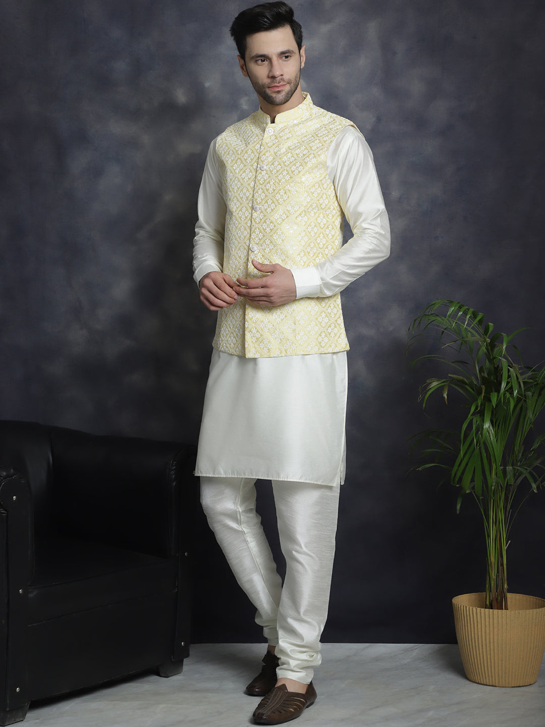 Embroidered and Sequin Nehru Jacket With Solid Kurta Pyjama ( ANMKPWC 592W 7005Yellow )