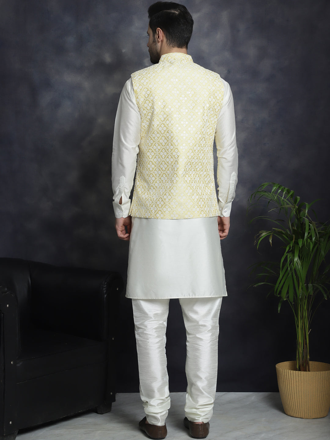 Embroidered and Sequin Nehru Jacket With Solid Kurta Pyjama ( ANMKPWC 592W 7005Yellow )