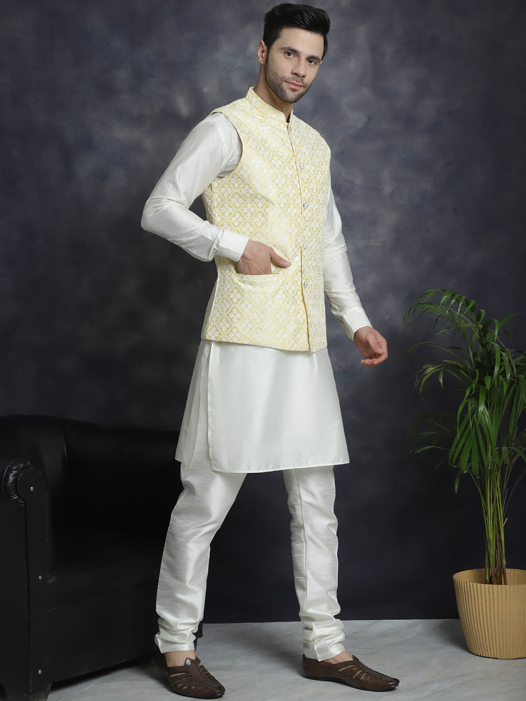 Embroidered and Sequin Nehru Jacket With Solid Kurta Pyjama ( ANMKPWC 592W 7005Yellow )