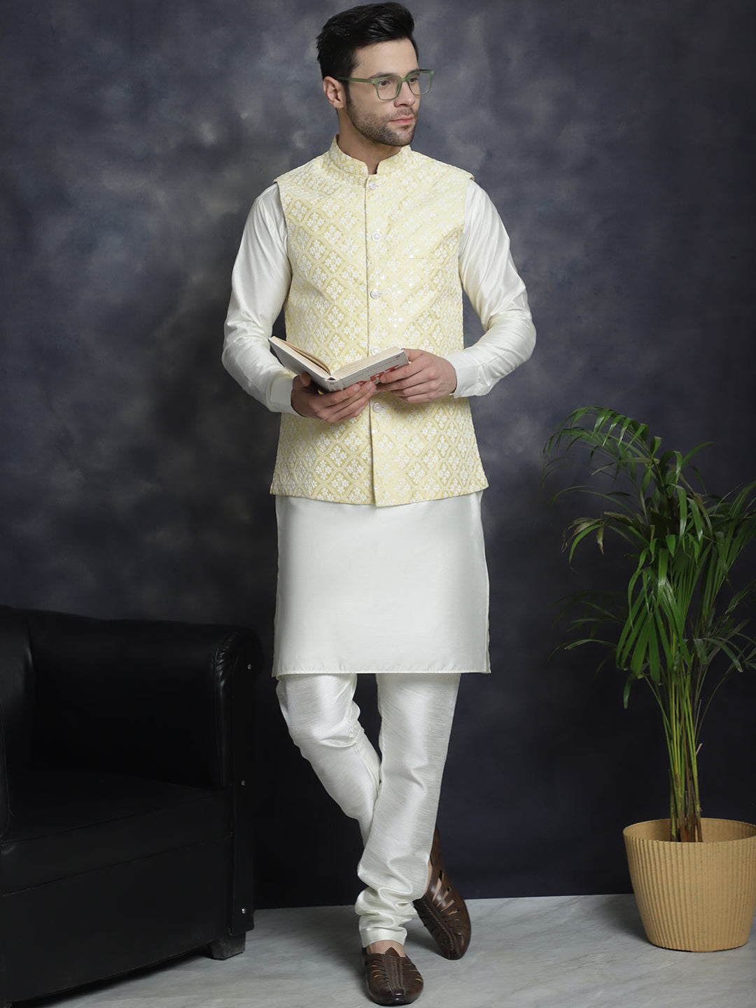 Embroidered and Sequin Nehru Jacket With Solid Kurta Pyjama ( ANMKPWC 592W 7005Yellow )