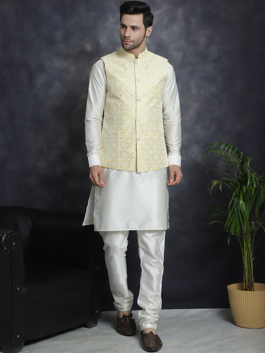 Embroidered and Sequin Nehru Jacket With Solid Kurta Pyjama ( ANMKPWC 592W 7005Yellow )