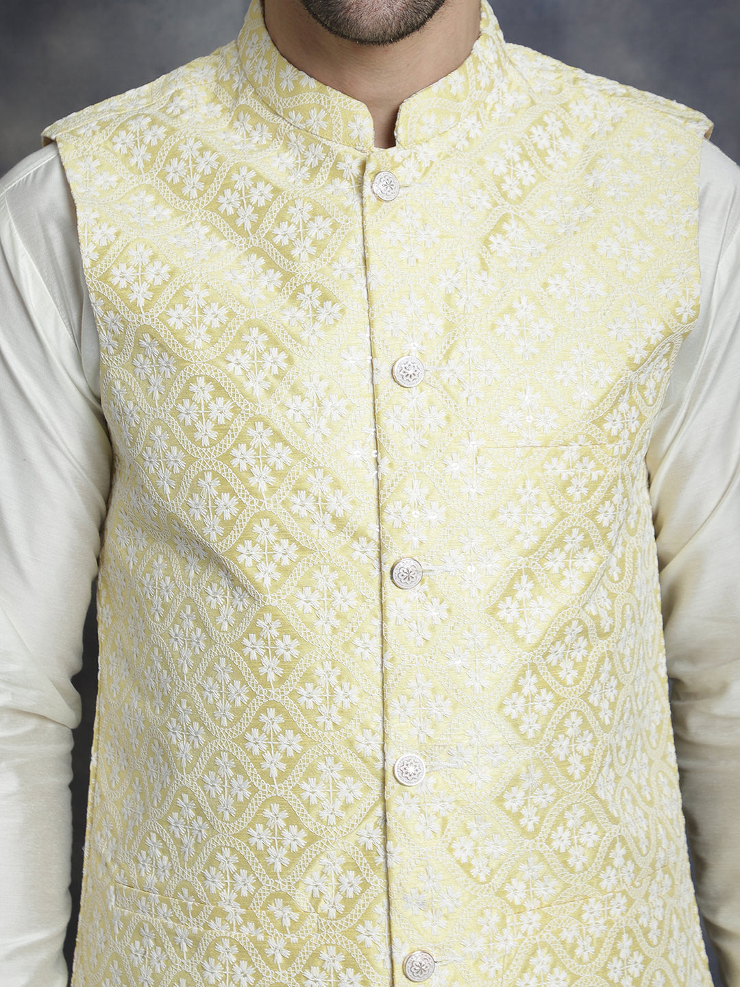 Embroidered and Sequin Nehru Jacket With Solid Kurta Pyjama ( ANMKPWC 592W 7005Yellow )