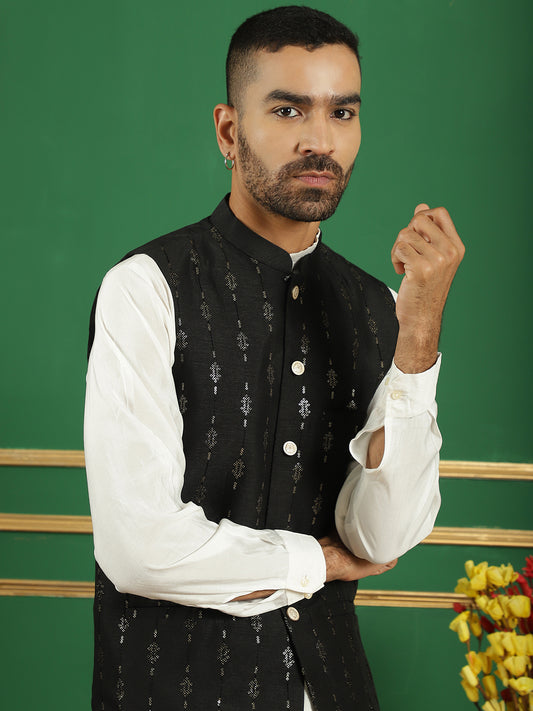 Embroidered and Sequin Nehru Jacket with Solid Kurta Pyjama ( ANMKPWC 592W 7011Black )