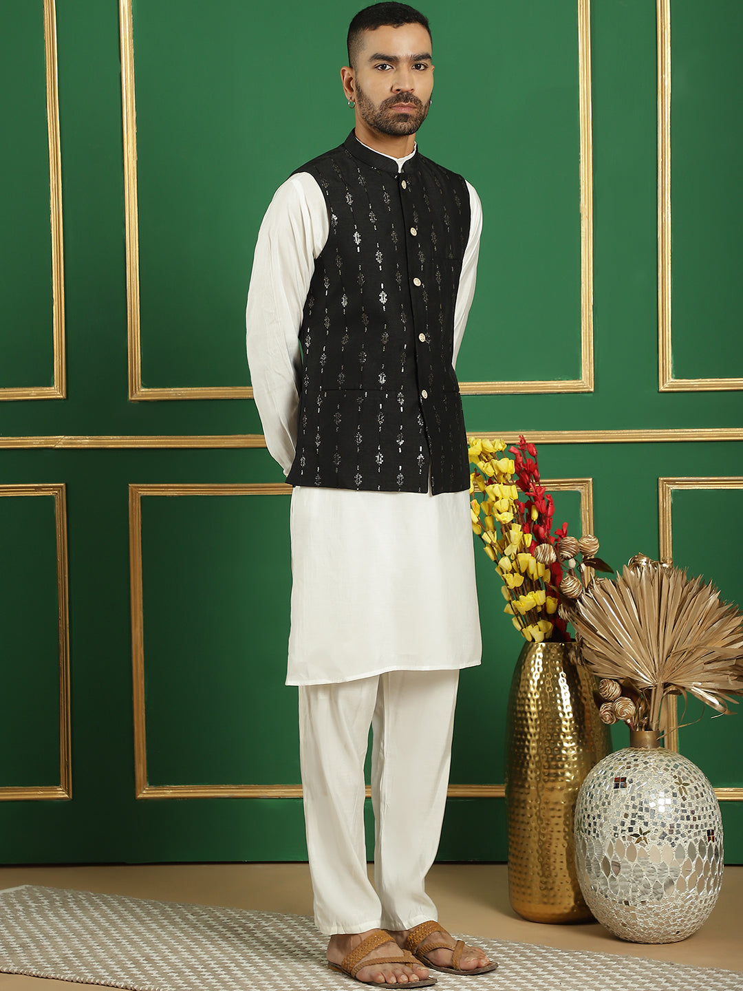 Embroidered and Sequin Nehru Jacket with Solid Kurta Pyjama ( ANMKPWC 592W 7011Black )