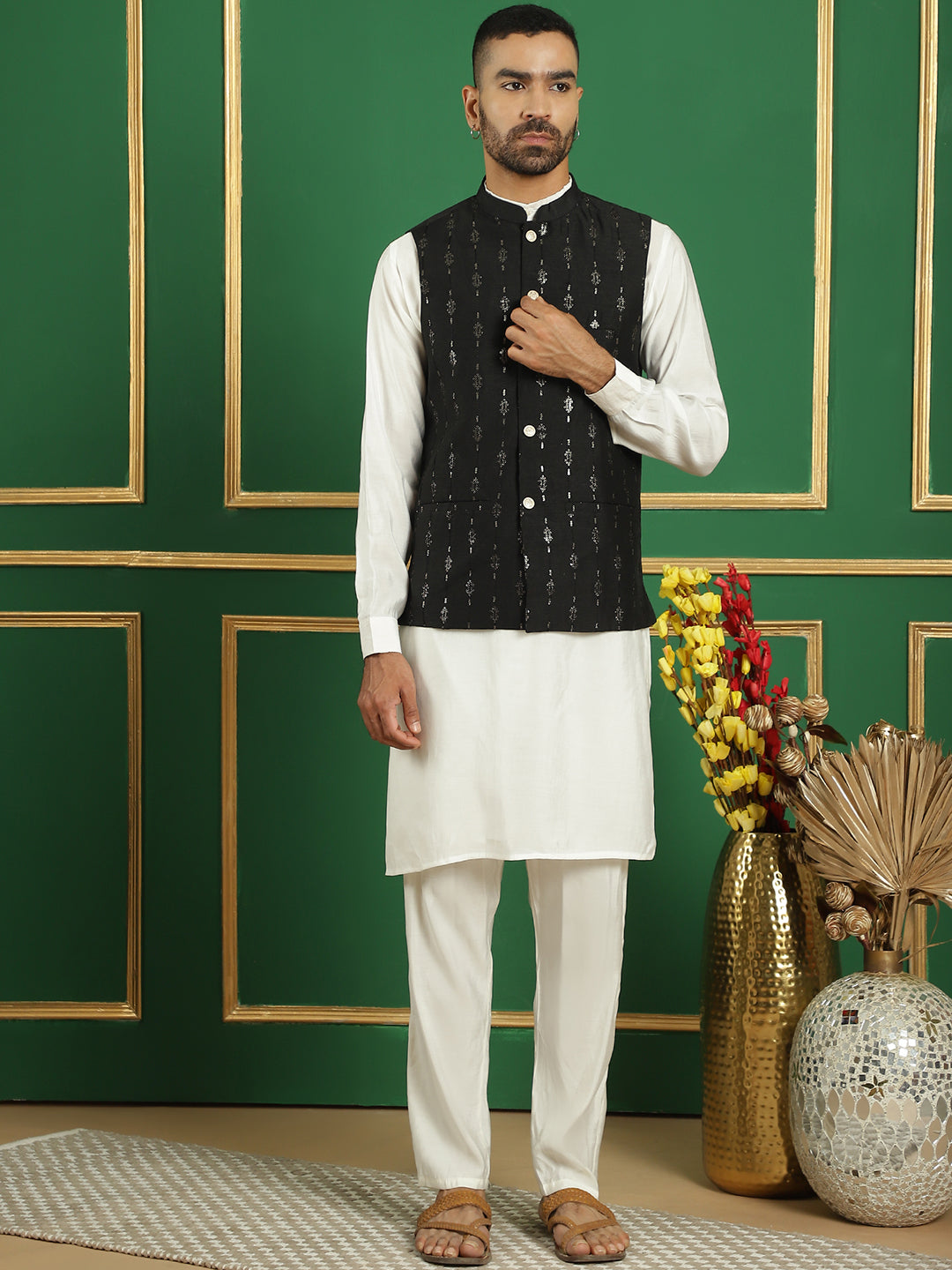 Embroidered and Sequin Nehru Jacket with Solid Kurta Pyjama ( ANMKPWC 592W 7011Black )