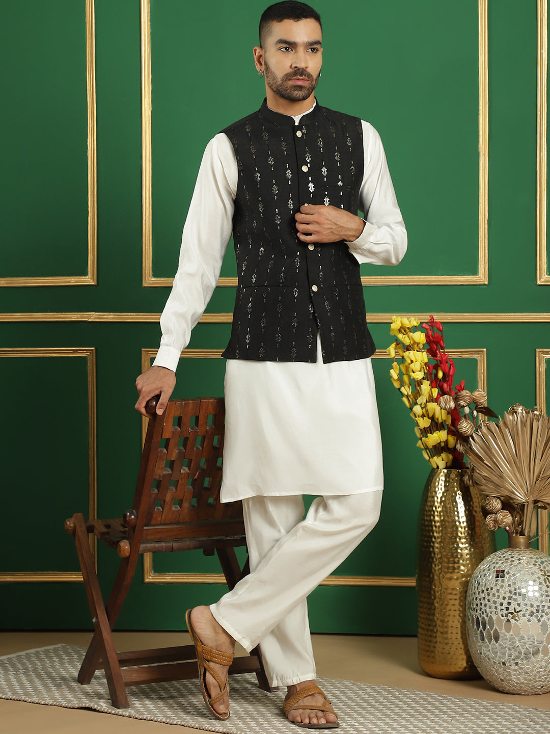 Embroidered and Sequin Nehru Jacket with Solid Kurta Pyjama ( ANMKPWC 592W 7011Black )