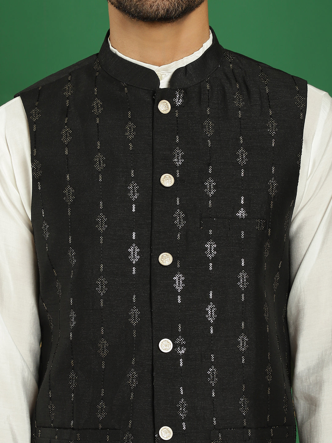Embroidered and Sequin Nehru Jacket with Solid Kurta Pyjama ( ANMKPWC 592W 7011Black )