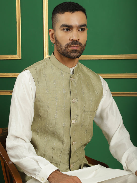Embroidered and Sequin Nehru Jacket with Solid Kurta Pyjama ( ANMKPWC 592W 7011Pista )