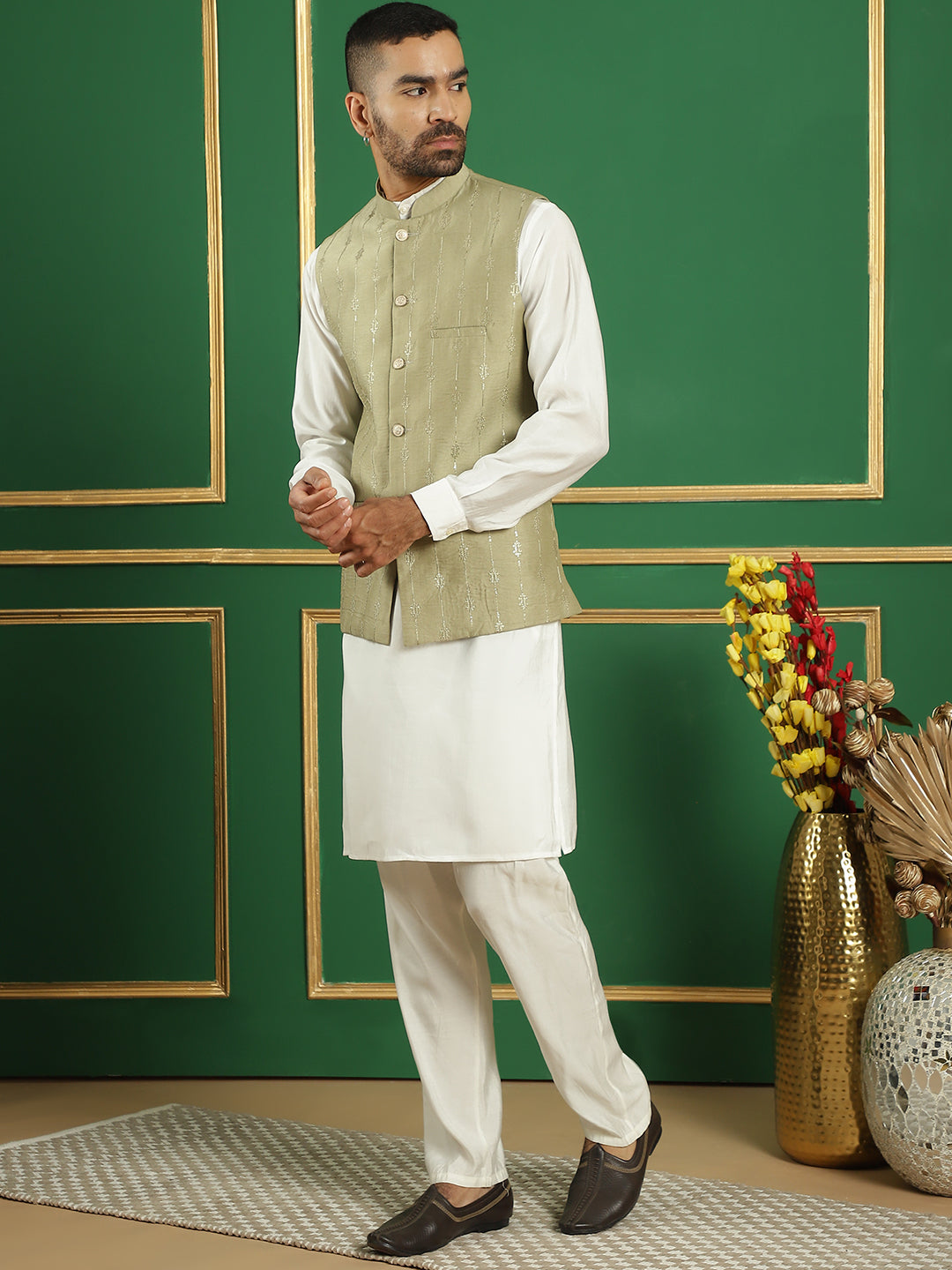 Embroidered and Sequin Nehru Jacket with Solid Kurta Pyjama ( ANMKPWC 592W 7011Pista )