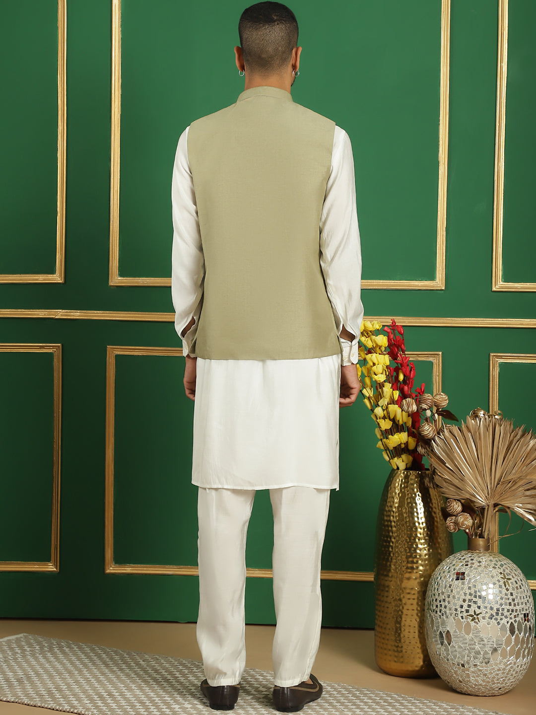 Embroidered and Sequin Nehru Jacket with Solid Kurta Pyjama ( ANMKPWC 592W 7011Pista )