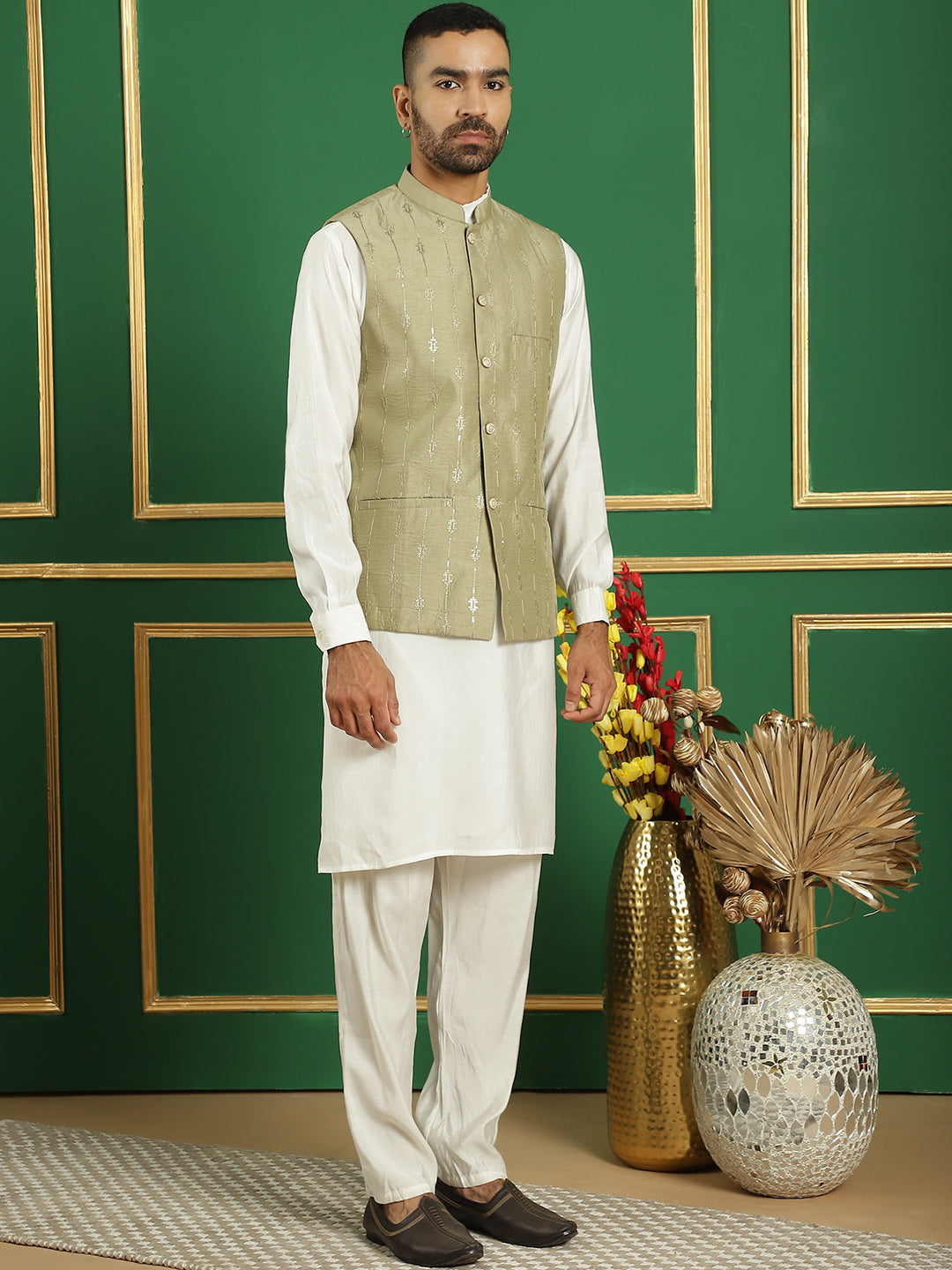 Embroidered and Sequin Nehru Jacket with Solid Kurta Pyjama ( ANMKPWC 592W 7011Pista )